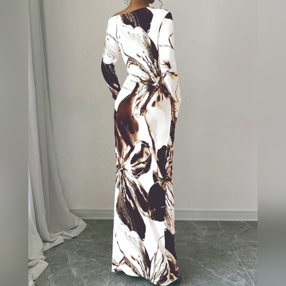 Harmony In Nature One-Shoulder White and Brown Marble Maxi Dress - Picture 3 of 5